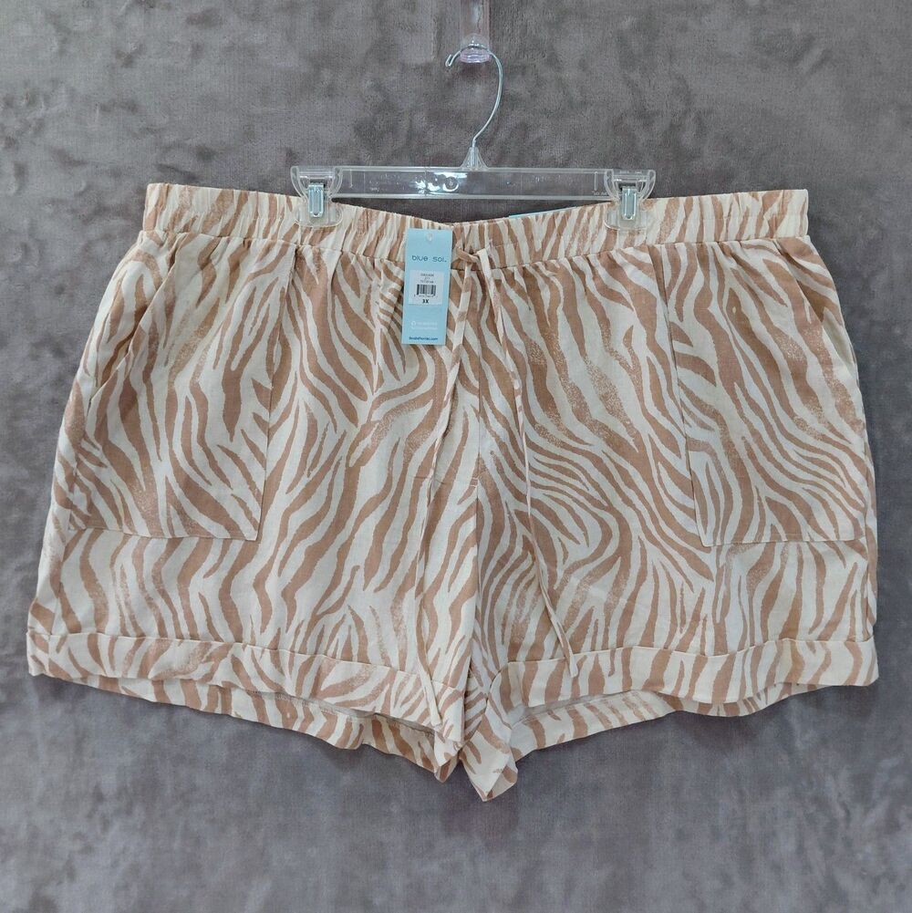 Blue Sol Linen Blend Zebra Striped Cuff Shorts Women's 3X Drawstring Waist NEW!